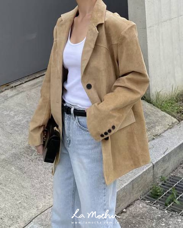 質感黑扣真皮麂皮外套